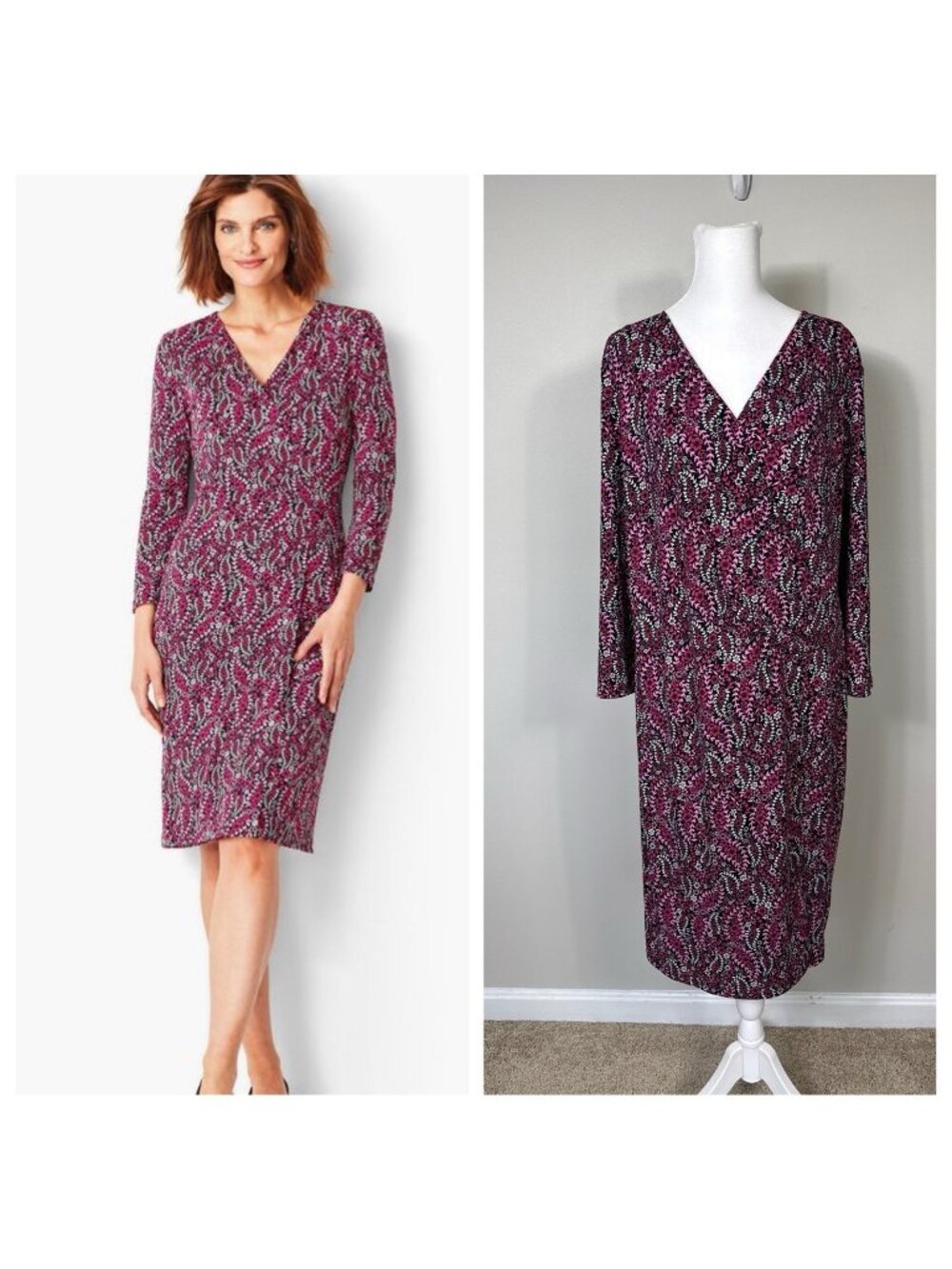 Talbots Jersey Dress Floral Pink Black Faux Wrap XL Classic Office Career